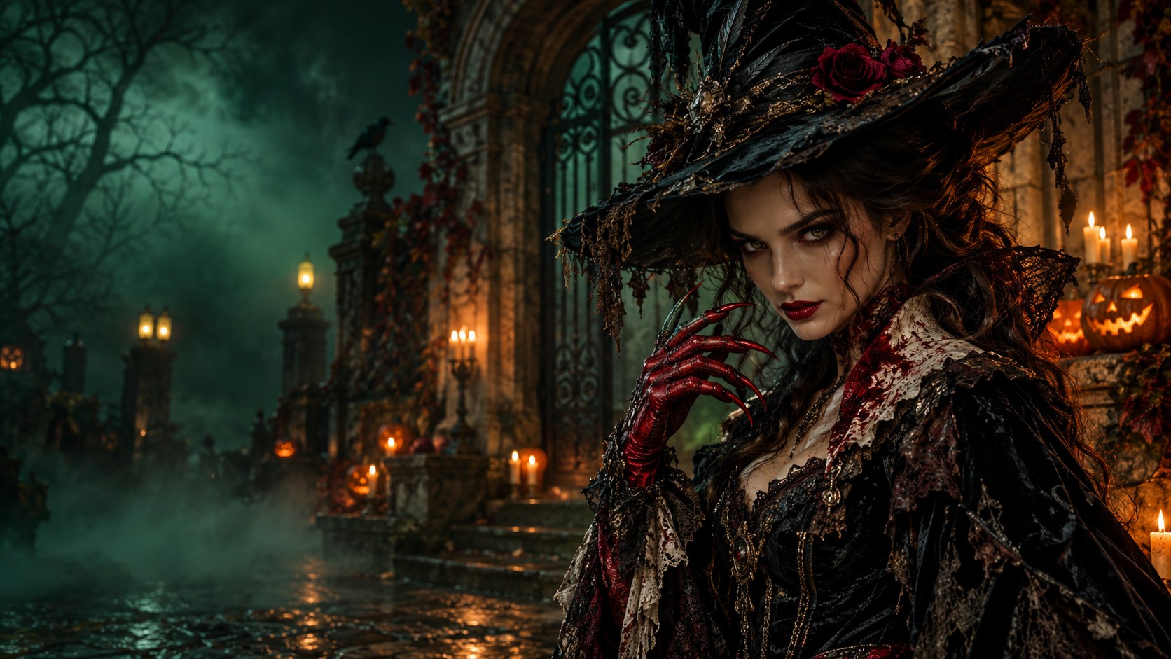 Halloween · Chez Vianney Apéro : sorcière en velours noir dans une brume émeraude